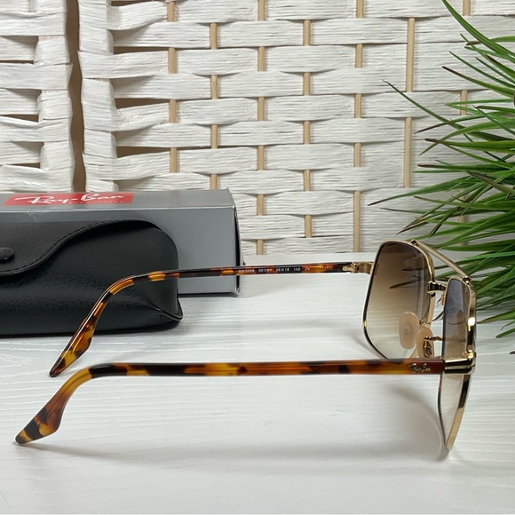 Ray-Ban Square Polished Arista Gold Sunglasses Clear Gradient Brown Lenses - Picture 3 of 9